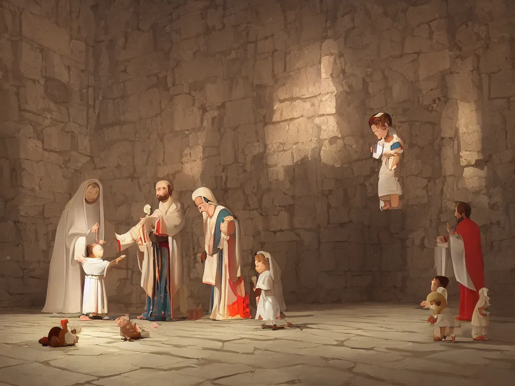 Image similar to the presentation of the infant Jesus in the temple, by goro fujita, trending on artstation, 8k, highly detailed, digital graphic art