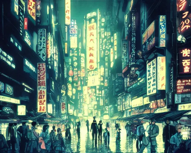 Prompt: crowded tokyo street at night, the animatrix, atmospheric, cinematic composition, 8 k, cinematic lighting, blade runner