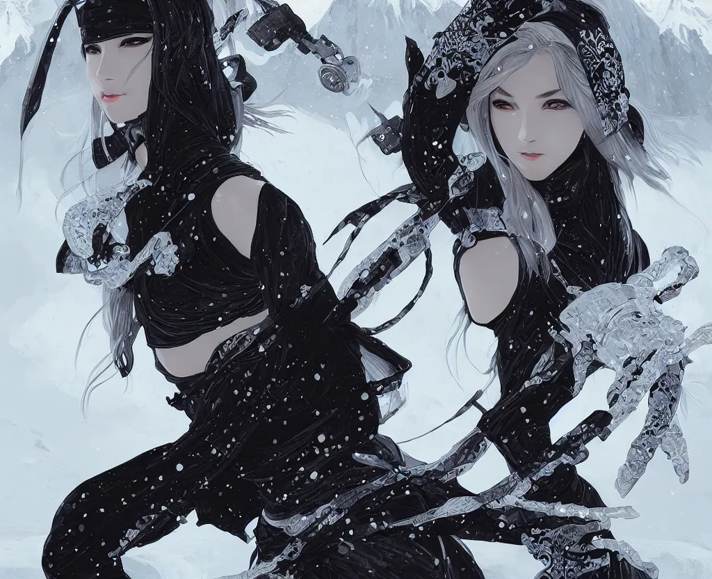 Image similar to portrait ninja gaiden girl, black plus white ninja wardrobe, at snowy fuji mountain sunrise, ssci - fi and fantasy, intricate and very very beautiful, detailed, digital painting, artstation, concept art, smooth and sharp focus, illustration, art by tian zi and wlop and alphonse mucha