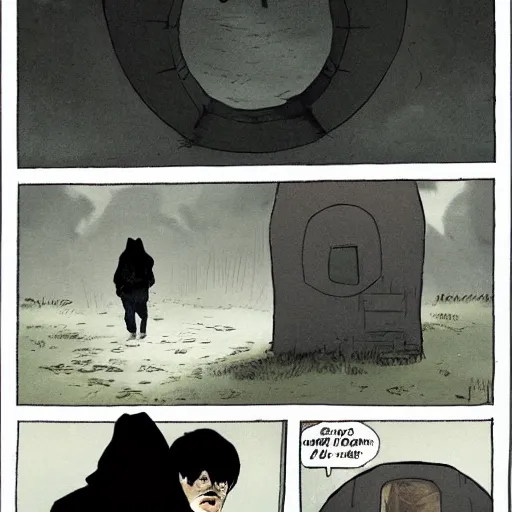 Image similar to a man in a black hoodie coming back to his house through a portal, vintage comic, greg rutkowski