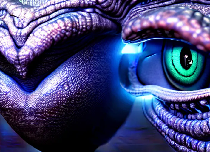 Image similar to hyperrealism, detailed textures, photorealistic 3 d render, an alien with cobalt coloured eyes in a super star system from 5 million years ago, sharp focus, ultra realistic, ultra high pixel detail, cinematic, intricate, cinematic light, concept art, illustration, art station, unreal engine 8 k