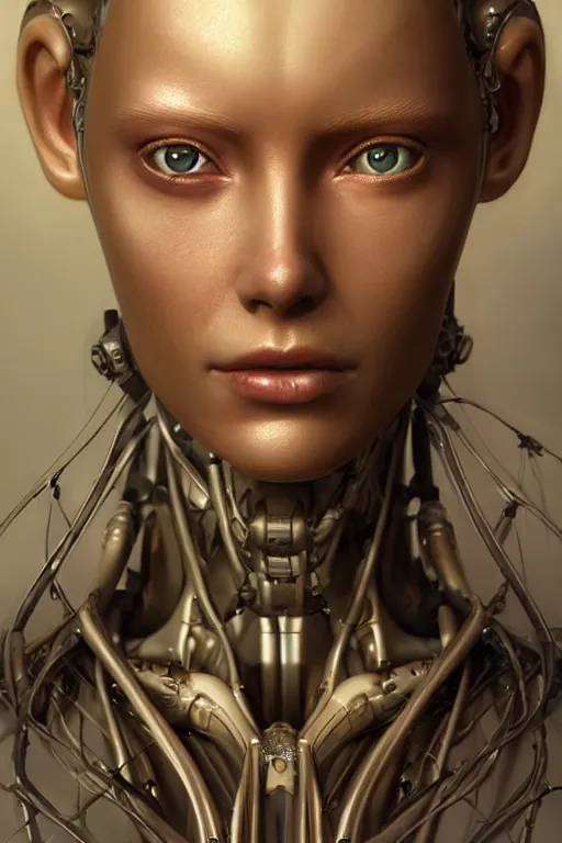 Image similar to beautiful portrait of a female robot, dystopian, biopunk, detailed skin, digital painting, sculpted in zbrush, artstation, concept art, smooth, sharp focus, illustration, chiaroscuro, soft lighting, peaceful ambient, golden ratio, rule of thirds, fibonacci, incredible art by Stanley Artgerm Lau and Greg Rutkowski, composition by mike mignola and Simon Stalenhag,