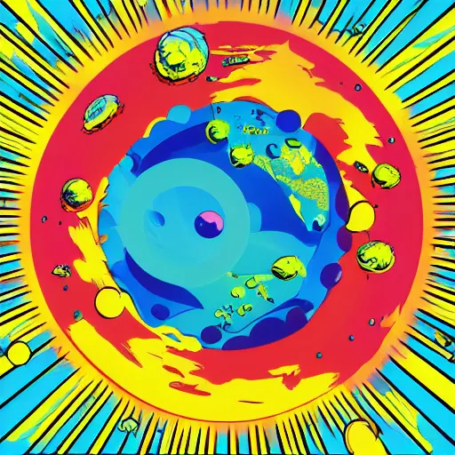 Image similar to 2 planet collapse particle fusion element macro cosmic art by butcher billy, sticker, colorful, illustration, highly detailed, simple, smooth and clean vector curves, no jagged lines, vector art, smooth andy warhol style