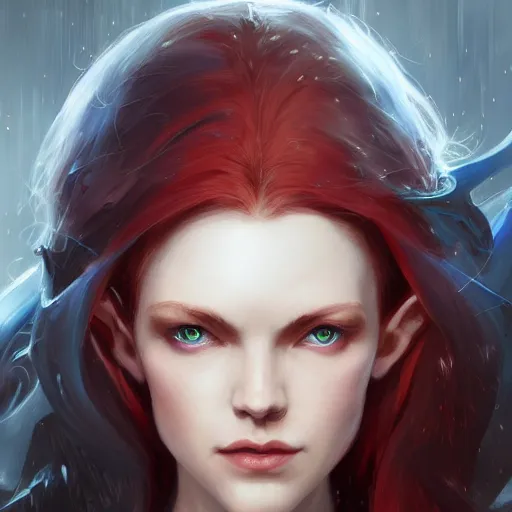 Prompt: A detailed matte oil on canvas portrait of a beautiful elven woman with blue red eyes and red hair by greg rutkowski and Charlie bowater, trending on artstationhd, dungeons and dragons art