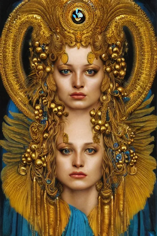 Prompt: hyper realistic portrait painting of goddess cybele with intrincate detail, golden ornaments, feathers wet, flowers, by godward, gustav moreau, saturno butto, boris vallejo, austin osman spare and david kassan, by bussiere. occult art, occult diagram, turquoise and yellow color scheme.