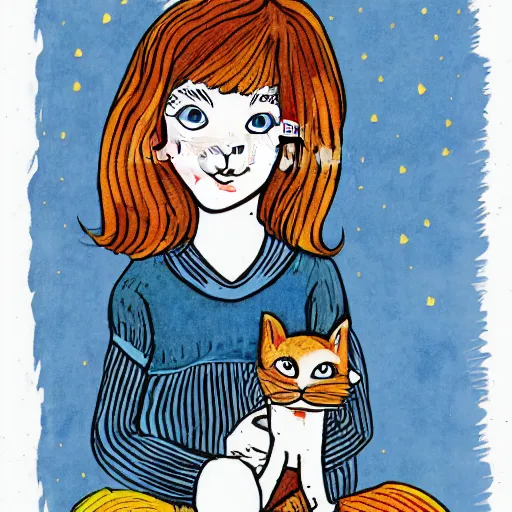 Prompt: illustration of a girl playing with a kitten, inspired by louis wain and glen keane