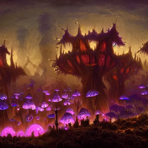 Image similar to concept art detailed painting of a dark purple fantasy fungal town made of mushrooms, with glowing blue lights, in the style of albert bierstadt