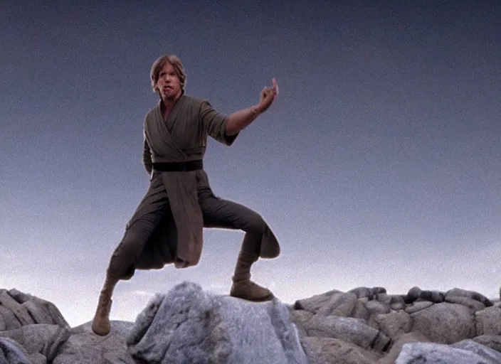 Prompt: epic screenshot from the film of Luke Skywalker, played by Mark Hammill, levitating rocks mid-air, outside marble, iconic scene from the force awakens, 1980s film directed by Stanley Kubrick, cinematic lighting, kodak, strange, hyper real, stunning moody cinematography, with anamorphic lenses, crisp, detailed portrait, 4k image