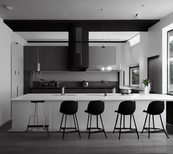 Image similar to brutalist black house kitchen with 2 islands interior design minimalist organic, organic architecture furniture open space high quality octane render blender 8 k