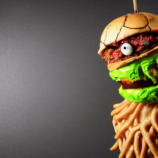 Image similar to a humanoid bipedal upright zombie that strongly resembles a hamburger, professional food photography