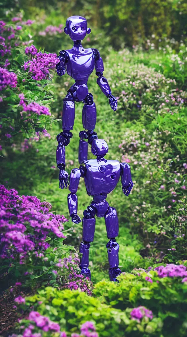Image similar to toy humanoid robot in a garden, hyper detailed, sharp focus, bokeh, unreal engine, ray tracing, cute, fantasy, sci fi, purple flowers, blue flowers, violet flowers, glowing flowers, tiny, small, hyper realistic, sky