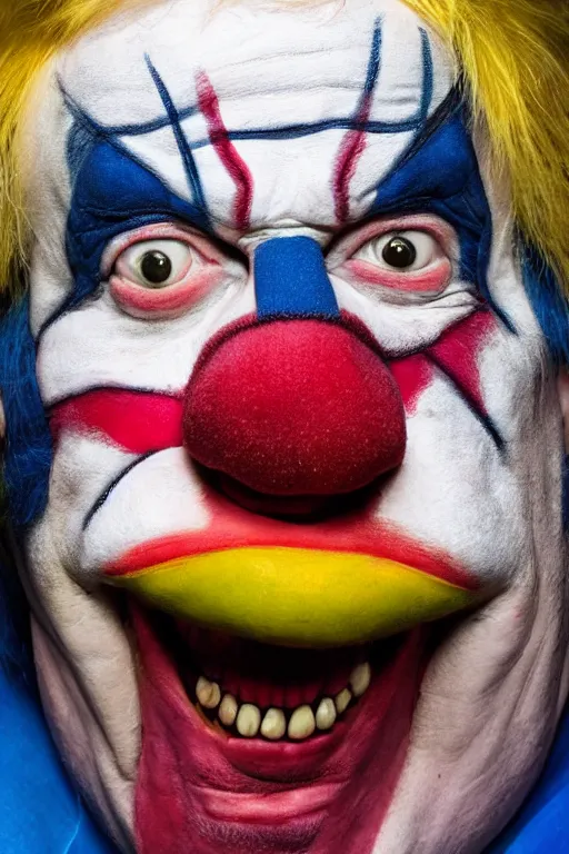 Image similar to smiling boris johnson wearing clown makeup, anatomically correct, photography portrait, hyper realistic, 8 k, highly detailed