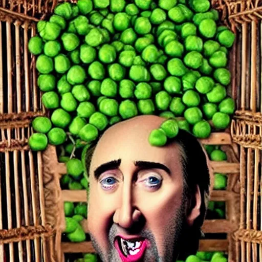 Image similar to nicolas cage trapped in a wicker cage with a mouth full of peas