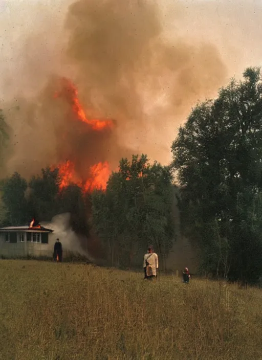 Prompt: people looking at house burning at backyard, around tall grass, trees, andrei tarkovsky, evening