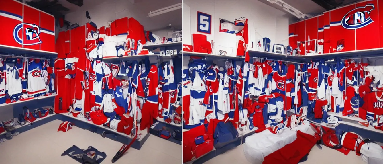 Image similar to montreal canadiens habs centre bell hockey dressing room, style of studio ghibli + moebius + basquiat, cute, detailed,