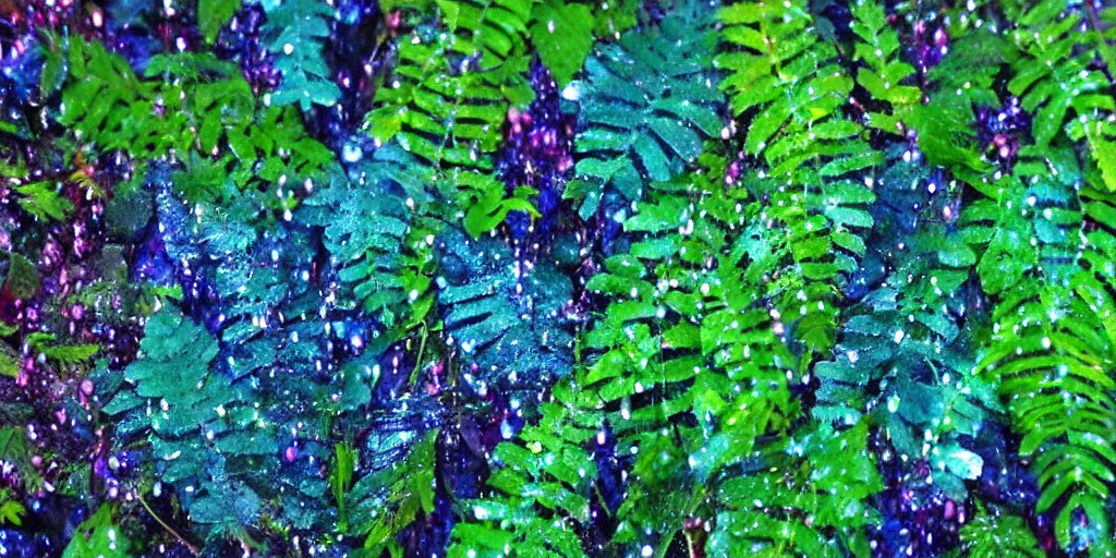 Image similar to close up dark green and blue ferns and moss, droplets of crystal clear water on the leaves, rays of sunlight coming through the clouds after rain, magical fairytale, sparkling particles, colorful dust, glitter shimmering in the light