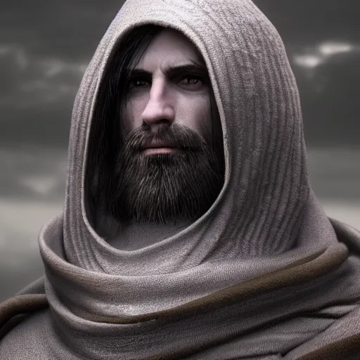 Image similar to a highly detailed portrait of a man without a beard, purple eyes, light gray long hair, wearing a black cloak, artstation, DeviantArt, professional, octane render