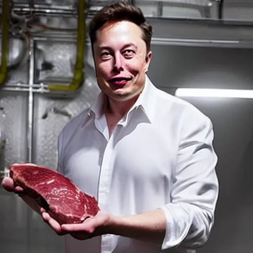 Image similar to elon musk holding a piece of meat, offering it to you