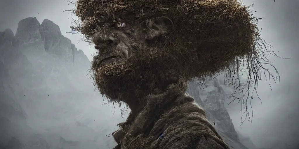 Prompt: alpine farmer transforming into a monster ,roots and hay coat, dolomites in background, dark, eerie, despair, portrait photography, artstation, highly detailed, sharp focus, by cronneberg