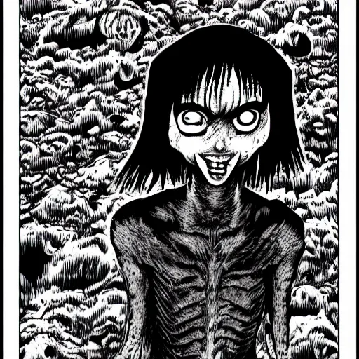 Image similar to manga panel of a skinwalker, junji ito, horror, scary, highly detailed,
