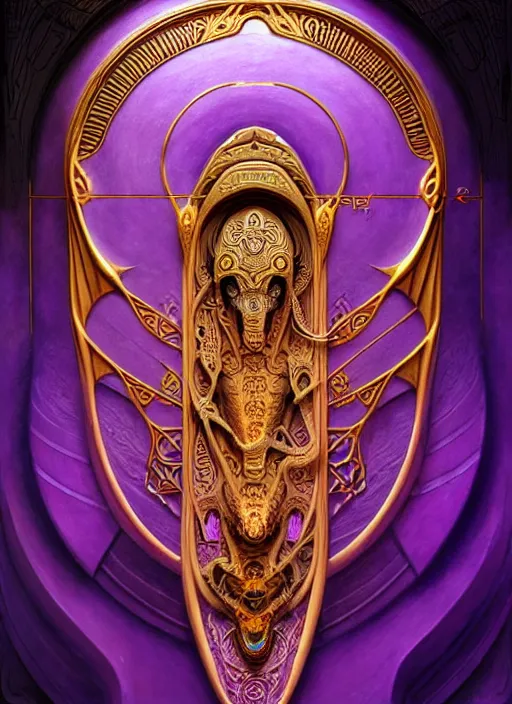 Prompt: ornate alien sacred sarcophagus, art nouveau hieroglyphics, lavender and gold palette, symmetry, fantasy, intricate, elegant, highly detailed, colorful, dark colors, dramatic shadow, digital painting, artstation, concept art, art by artgerm and greg rutkowski and ruan jia, h. r. giger