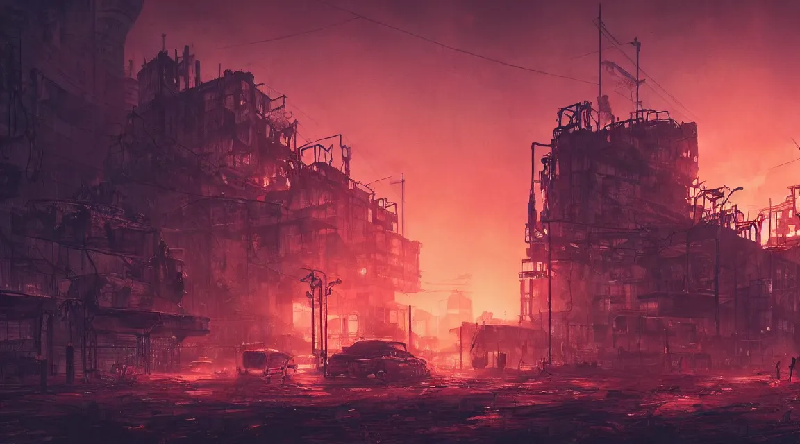 Prompt: The Last of Us city, Post apocalyptic factory at night time, dystopian style detailed digital art by Vladimir Manyukhin, trending on Artstation, outlined silhouettes, cloudy red sky, cyberpunk 2099 blade runner 2049 neon synthwave neon retro