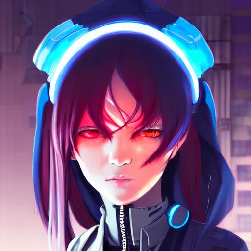 Image similar to digital cyberpunk anime character concept art, gorgeous anime girl symmetrical face, small female android cyborg - angel, glowing red left eye and glowing blue right eye, fullbody!! wlop, rossdraws sakimimichan, ilya kuvshinov, krenz cushart, greg rutkowski.