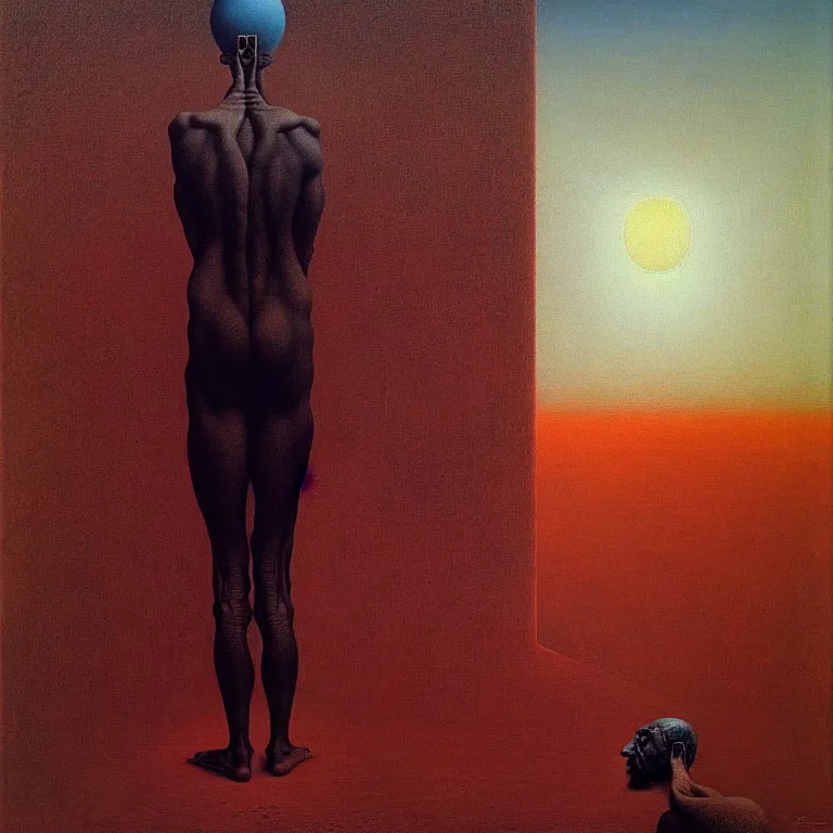 Prompt: a man looking at his mind pondering the absurdity of existence, by zdzisław beksinski and salvador dali, surreal, oil on canvas, hyper detailed, soft