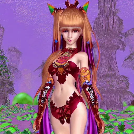 Prompt: cute female forest spirit wearing ornate floral cybernetic mughal valentino resort dress in a 3 d psx ps 2 jrpg style, esoteric scifi magical alien ruins ritual environment, fashion gameplay screenshot, highly detailed, atelier, xenogears