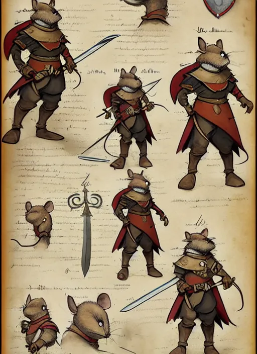 Image similar to character design sheet for a heroic mouse knight with sword and shield on a parchment background, redwall, greg rutowski and jean baptiste monge, detailed, epic fantasy concept art