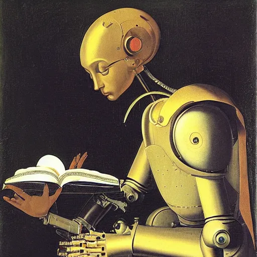 Prompt: a robot reading a book by caravaggio