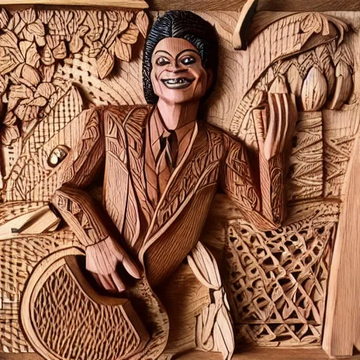 Image similar to intricate wood carving of michael jackson having a picnic