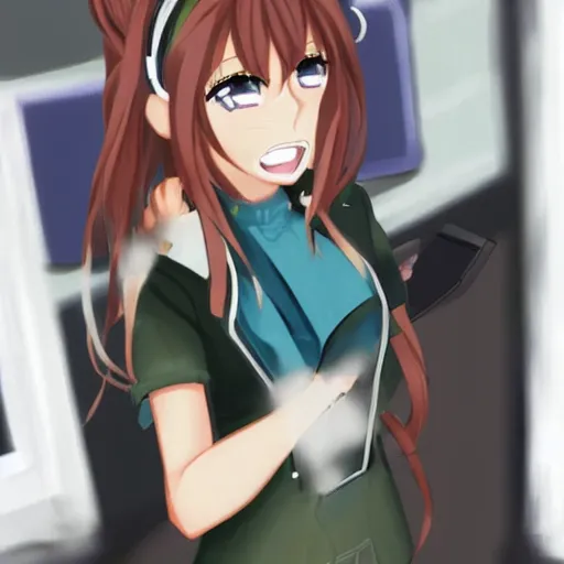 Prompt: ddlc monika angry throwing a hp out the door due to a argument with her software update