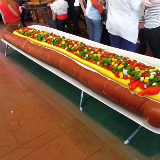 Prompt: award winning twenty meter long hotdog on a long table