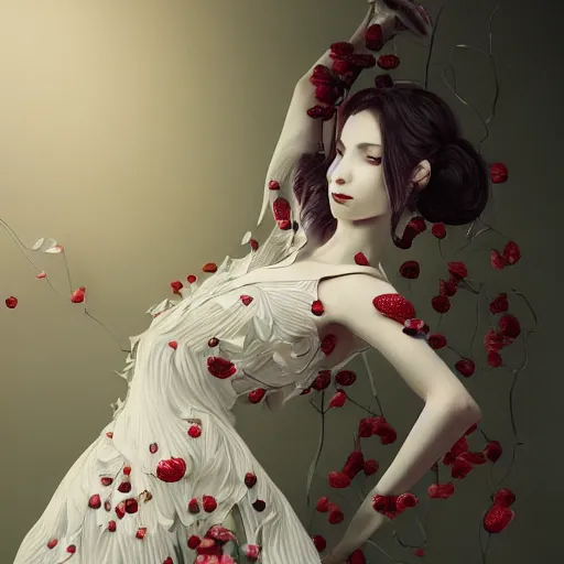 Prompt: the professional photoshoot of an absurdly beautiful, graceful, elegant, sophisticated, fashionable young woman made of strawberries and white petals, an ultrafine hyperdetailed illustration by kim jung gi, irakli nadar, intricate linework, bright colors, octopath traveler, final fantasy, unreal engine 5 highly rendered, global illumination, radiant light, detailed and intricate environment