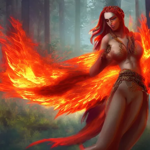 Prompt: Hot fire goddess, skin of flames, rampaging, stormy background, forest fire, breathing fire, fire in hand, concept art, artstation, 4k