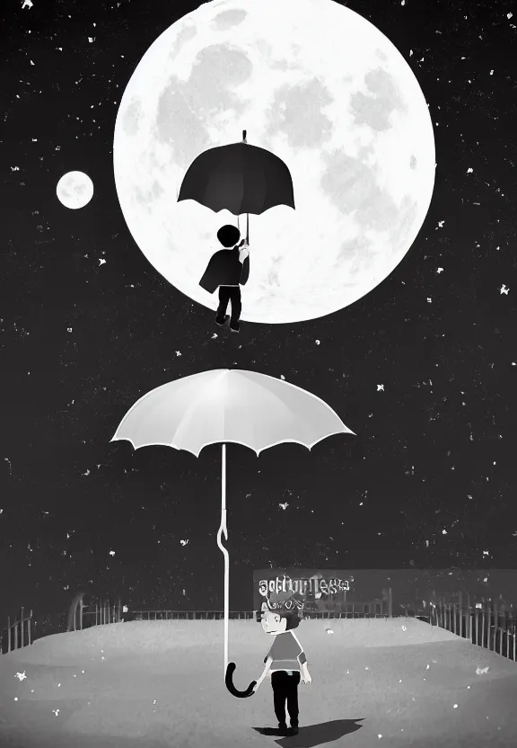 Image similar to little boy standing, holding umbrella in front of playground, at night, full moon, cute anime style, black and white artwork,