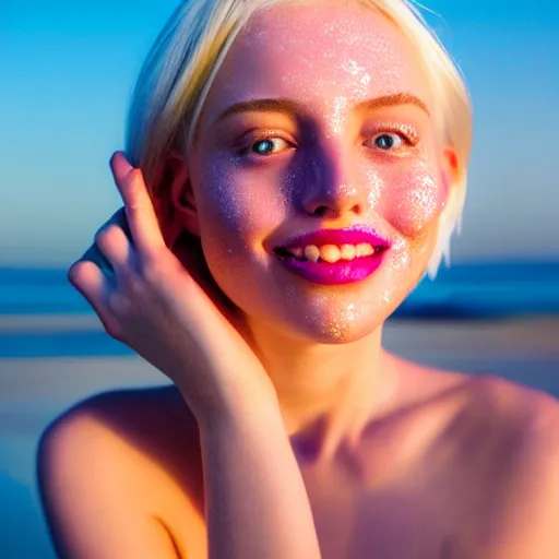 Image similar to beautiful hyperrealism hyperdetailed photograph of a cute thin young woman in love with you, smiling adoringly at the camera, platinum blonde hair, flushed face, blushing, big puffy lips, heart - shaped face, light freckles on cheeks and nose, 8 k, sharp focus, golden hour, beach setting