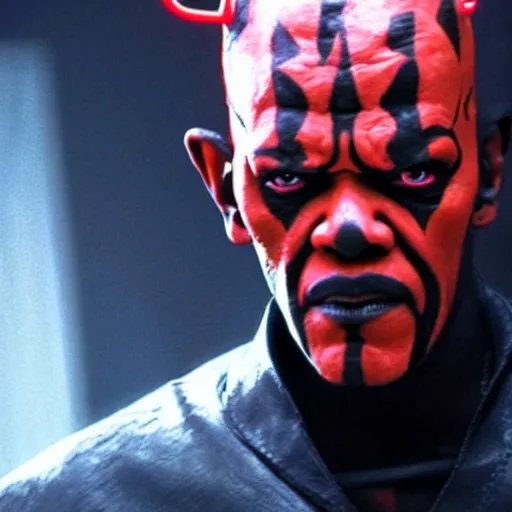 Image similar to a film still of samuel l. jackson starring in a blockbuster film as darth maul from star wars, shallow depth of field, cinematic, award winning cgi, vfx, film still