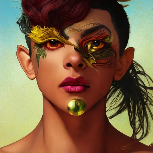 Image similar to a gorgeous and androgynous half - elf with dark skin tone and messy short red hair and catlike features with yellow eyes with slit pupils, dressed in a colorful jodhpuri suit, dnd character, golden aura, realistic portrait by ross tran and kehinde wiley and gerald brom and fernando amorsolo and alphonse mucha, trending on artstation