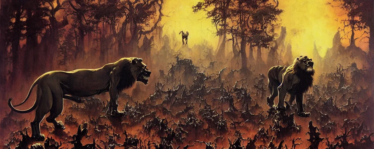 Prompt: frazetta painting of forest of souls filled with skeletons on the ground, backlight on anthropomorphic lion silhouette standing in epic pose ,nighttime ,daytime , backlight , detailed visible brushmarks