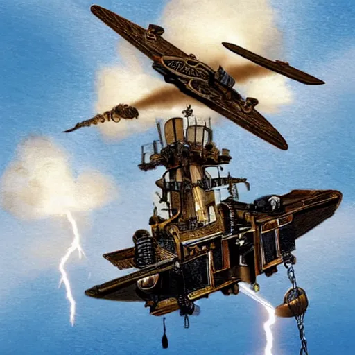 Prompt: a flying steampunk fortress, explosive storm, behrens style