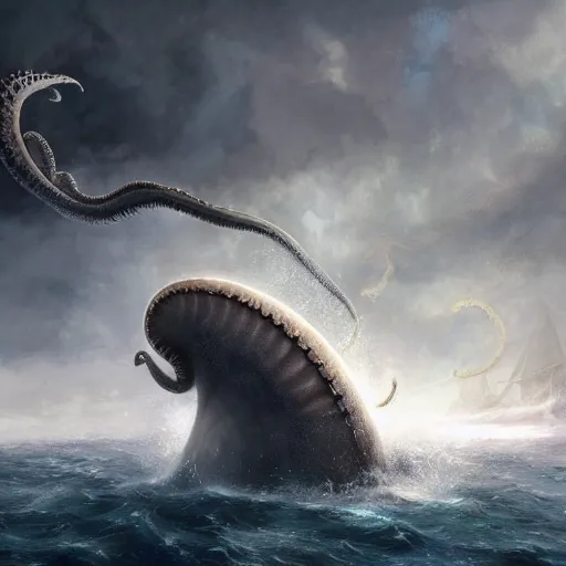 Prompt: concept art trending on art station detailed matte painting of the nautilus submarine being attacked by a kraken with cthulhu like wings, tentacles, dramatic, 8k, digital art