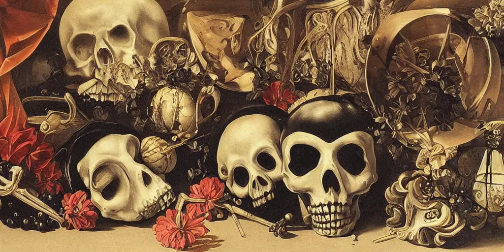 Prompt: memento mori, celestial bodies, ornate palace, masquerade balls, candles, musical instruments by caravaggio