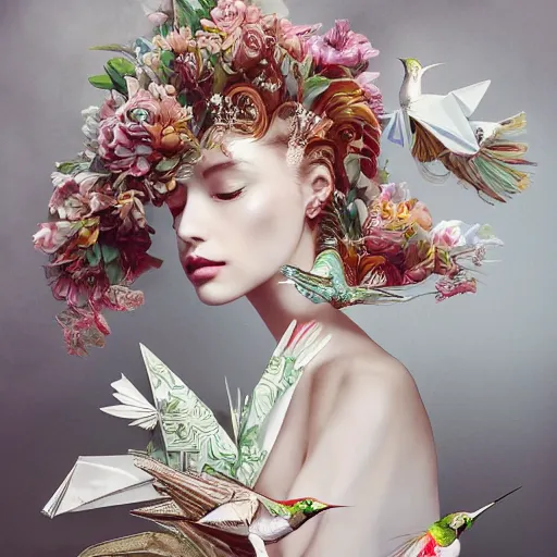 Image similar to full length fashion illustration of a beautiful girl wearing an origami dress, eye - level medium shot, fine floral ornaments in cloth and hair, hummingbirds, elegant, by eiko ishioka, givenchy, by peter mohrbacher, centered, fresh colors, origami, fashion, detailed, serene, dreamy, vogue, japanese, reallusion character creator