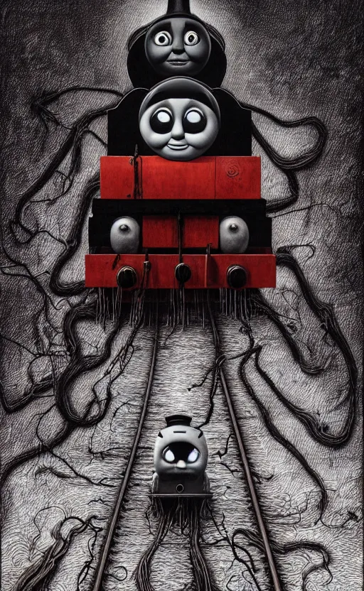 Image similar to thomas the tank engine in style of zdzisław beksinski, extremely dramatic lighting, 8 k, tendrils, black, darkness, black slime tendrils, infected, rust, body horror, thomas the train, thomas the tank engine face, horror,