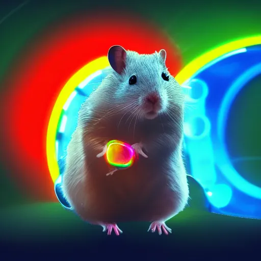 Prompt: cyberpunk hamster! holding rainbow! gem! crystal, neon lights, light reflection, 8 k, hd