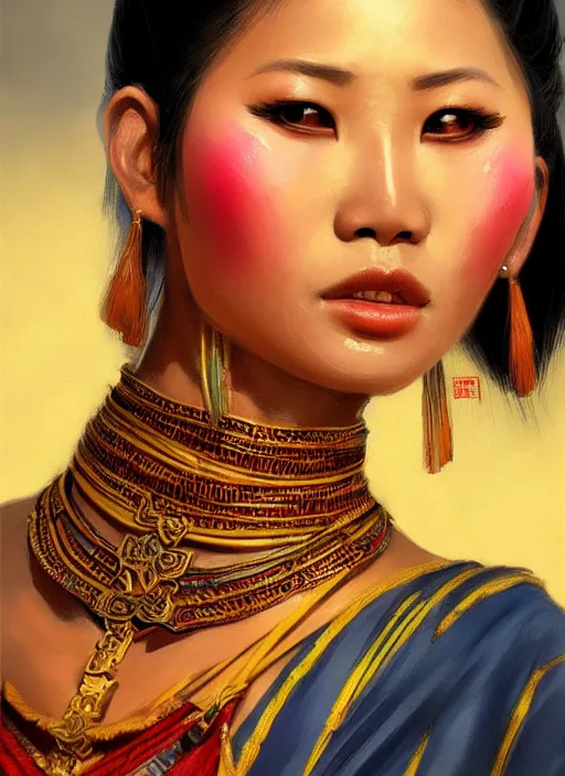 Image similar to portrait of a beautiful female tai ethnic sukhothai, closeup portrait, historical, ethnic group, traditional costume, elegant, loin cloth, highly detailed, oil painting, artstation, concept art, matte, sharp focus, illustration, hearthstone, art by earl norem