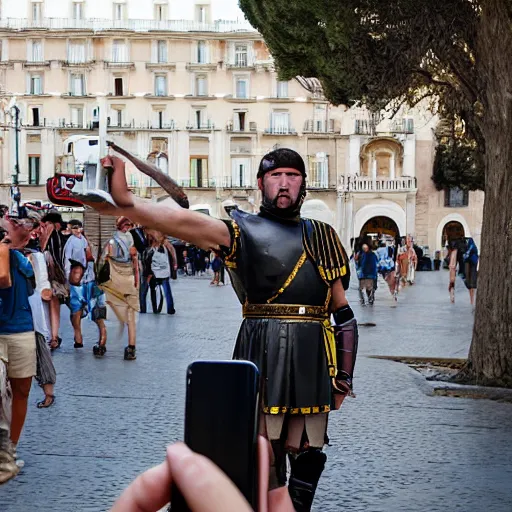 Prompt: a roman legionnaire taking a selfie in plaza cibeles, madrid