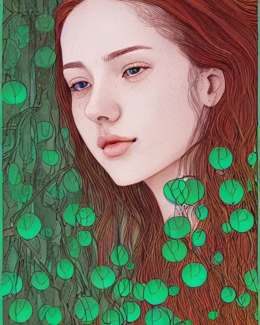 Image similar to a young woman, admiring the lights of golden fireflies, sitting in the midst of nature fully covered, long loose red hair, intricate linework, green eyes, small nose with freckles, oval shape face, soft happy smile, realistic, expressive emotions, mystical scene, hyper realistic ultrafine detailed illustration by james jean